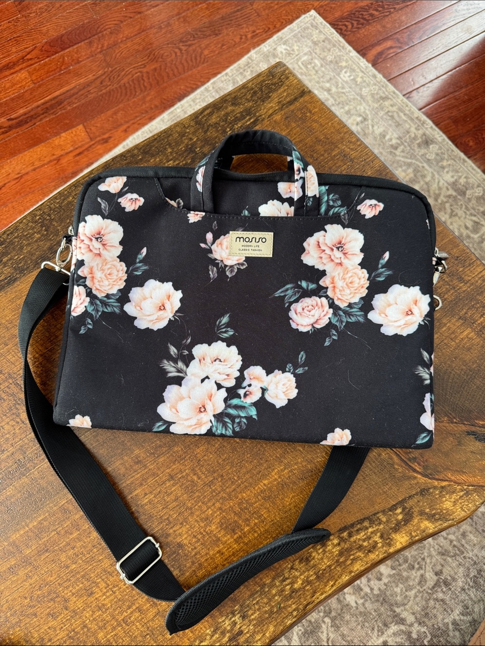 Black Floral Laptop Briefcase - Pink Floral Print